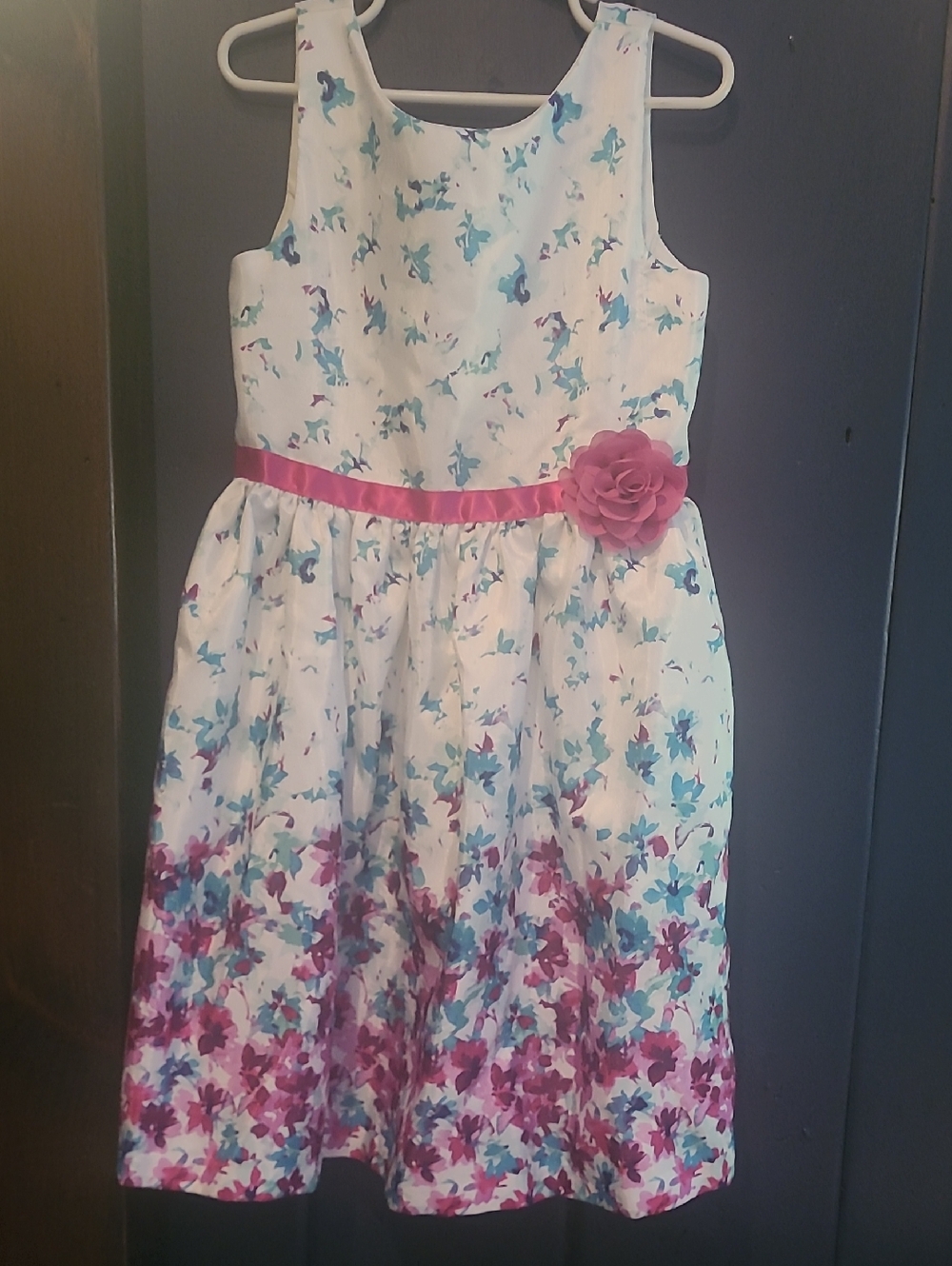 Girls Floral Fit-and-Flare Dress with Pink Sash and Flowet